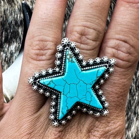 Turquoise White Black STAR Natural Stone Western Boho Style Stretch Ring Silver - Picture 6 of 6